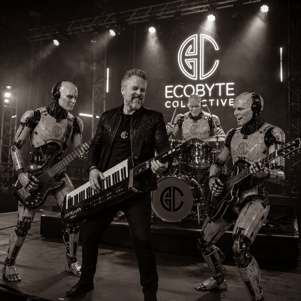 Dave Yeubanks on stage with a keytar, flanked by the Collective